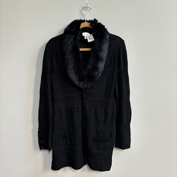 Escada VTG Wool Blend Fur Collar Cardigan Sweater Womens 38 Black Waffle Thermal - Picture 1 of 10